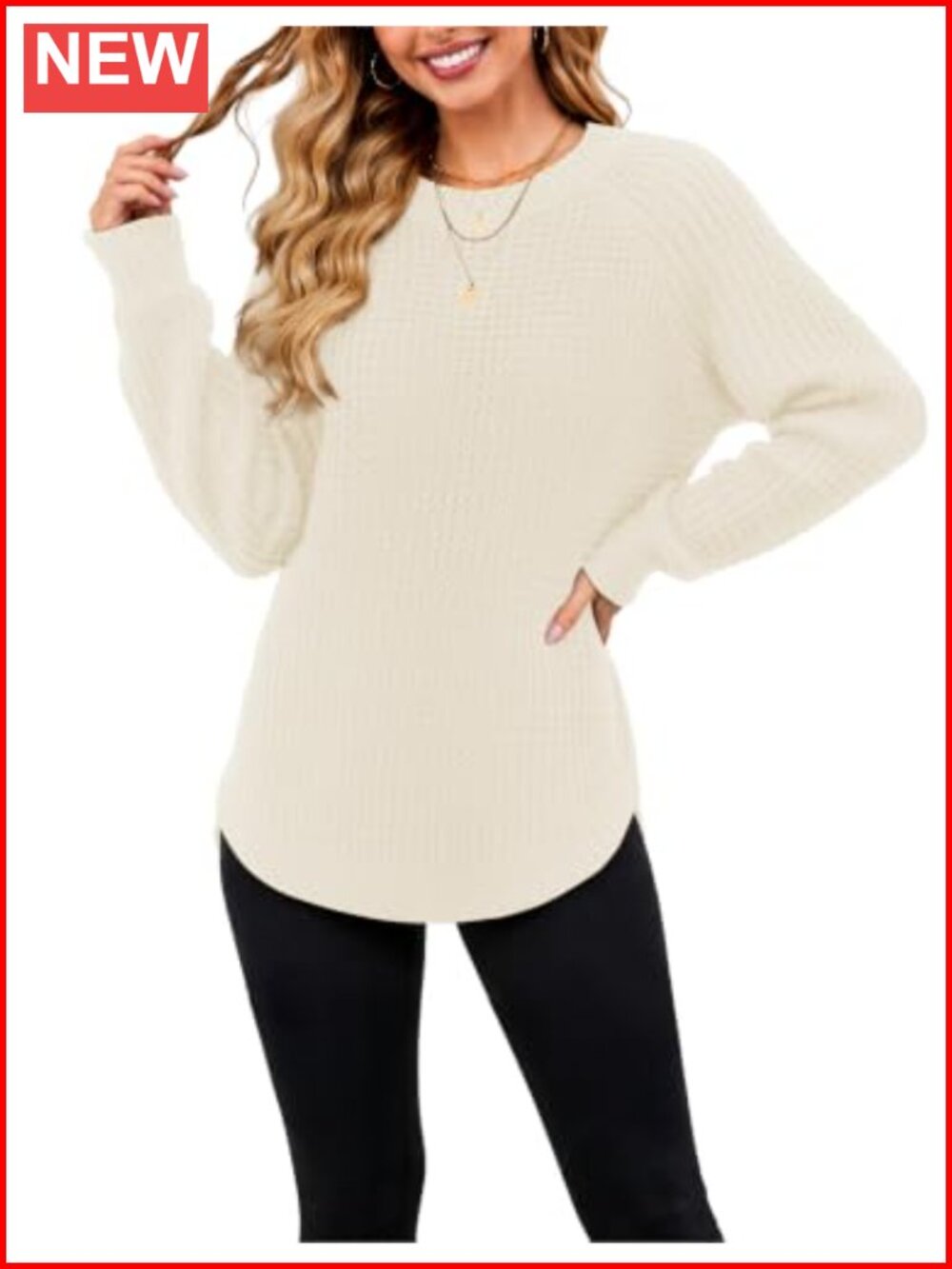 Womens Chunky Waffle Knit Sweater Crewneck Pullover Long Sleeve